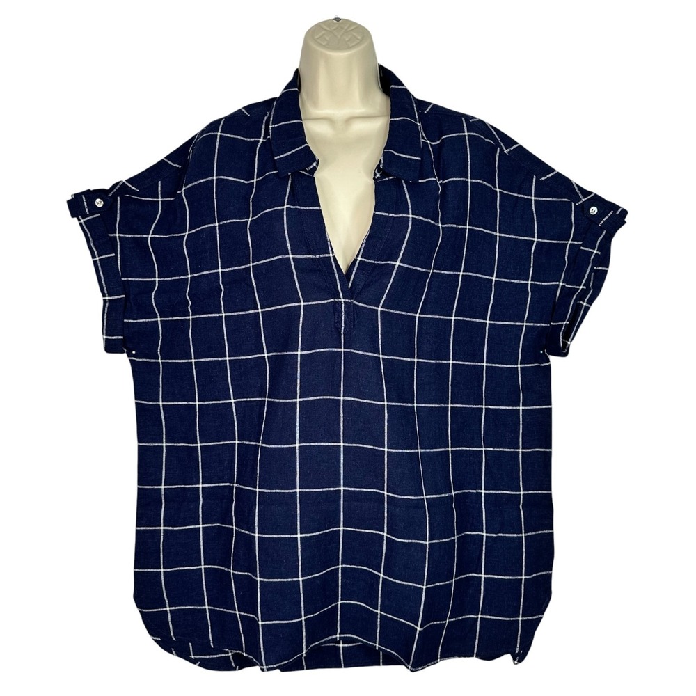 Tahari Linen Blend Tunic Top Women's 1X Blue Windowpane Plaid Dolman Split Neck